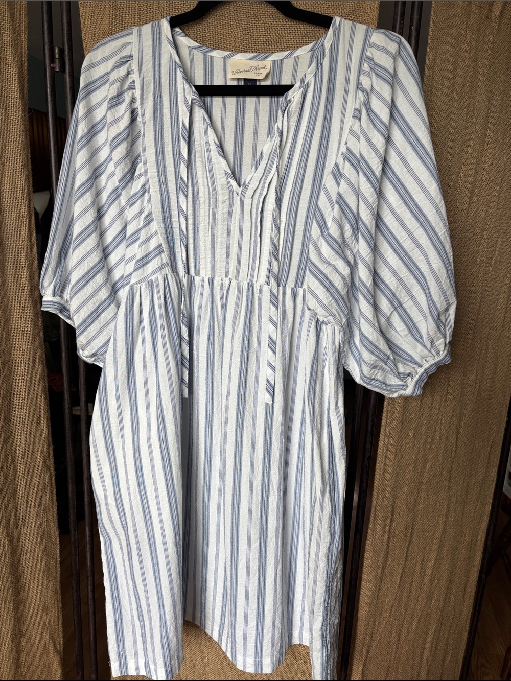 Universal Thread Blue White Striped Midi Dress Puffy Sleeve Size XS 100% Cotton